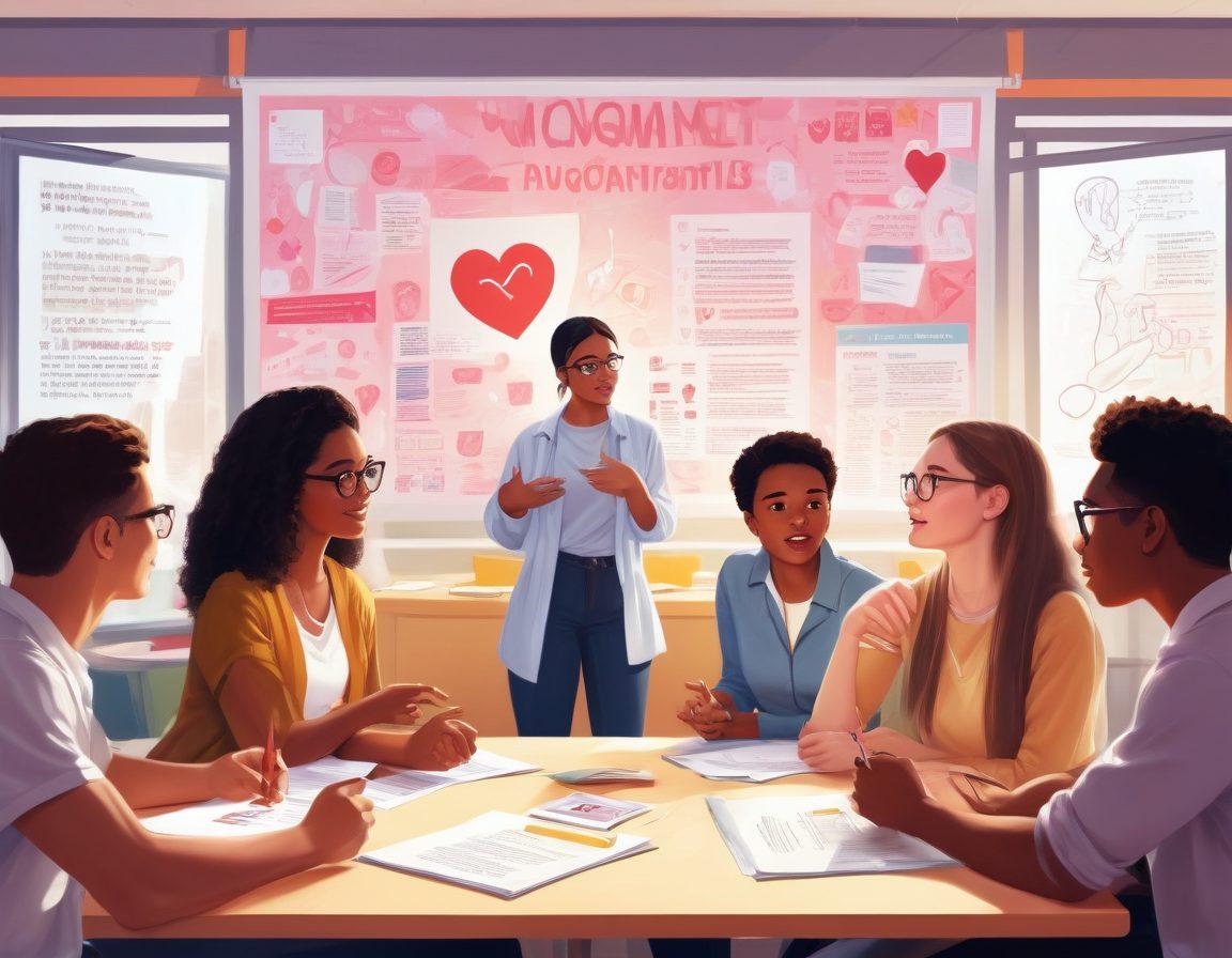 A diverse group of university students engaging in an interactive sexual education workshop, surrounded by informative posters and vibrant educational materials. Their expressions show curiosity and openness, with a backdrop of a modern classroom environment filled with books and technology. Include symbols of empowerment like light bulbs and hearts to signify understanding and growth. bright colors. modern illustration.