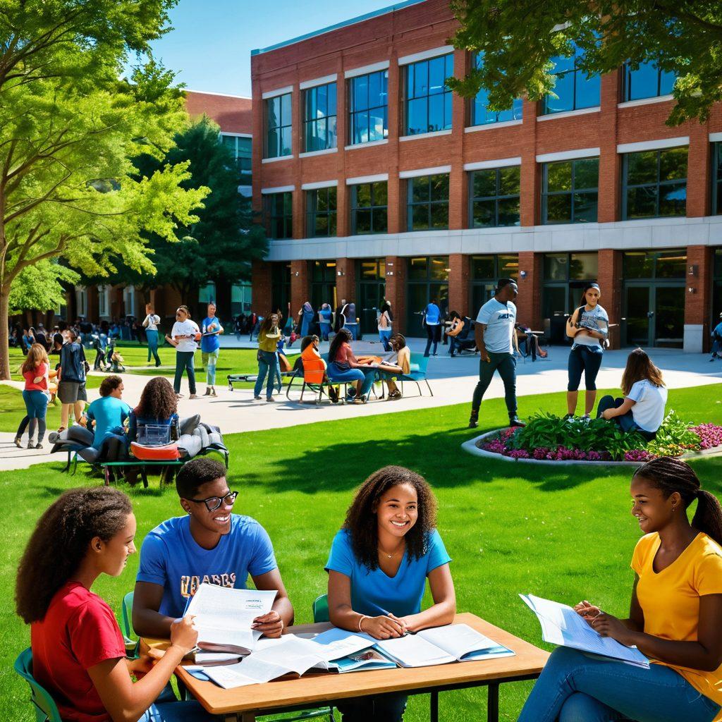 A vibrant campus scene showcasing a diverse group of students engaging in various social activities like studying, chatting, and attending events. Include elements that represent healthy relationships and sexual health education, such as informational posters, supportive peer interactions, and an inclusive atmosphere. The background should depict university buildings and greenery to enhance the campus feel. super-realistic. vibrant colors. dynamic composition.