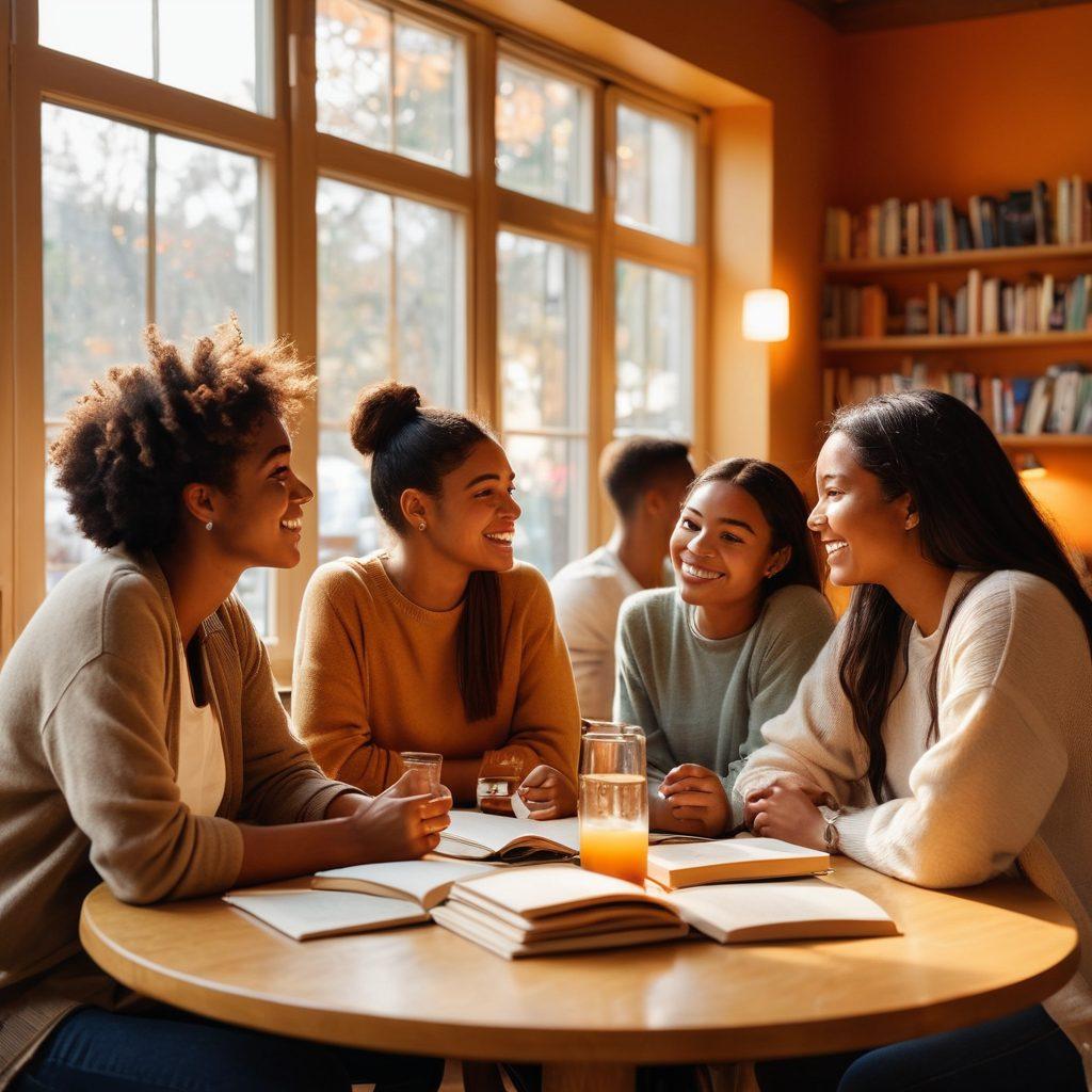 A group of diverse college students engaged in a vibrant discussion in a cozy café, with books on intimacy and well-being scattered on the table. Warm lighting enhances the intimate atmosphere, while subtle hints of campus life can be seen through a window. The students display various emotions—curiosity, laughter, and contemplation, symbolizing openness and exploration. The background should be soft-focused to highlight the importance of connection. painting. warm colors. cozy atmosphere.